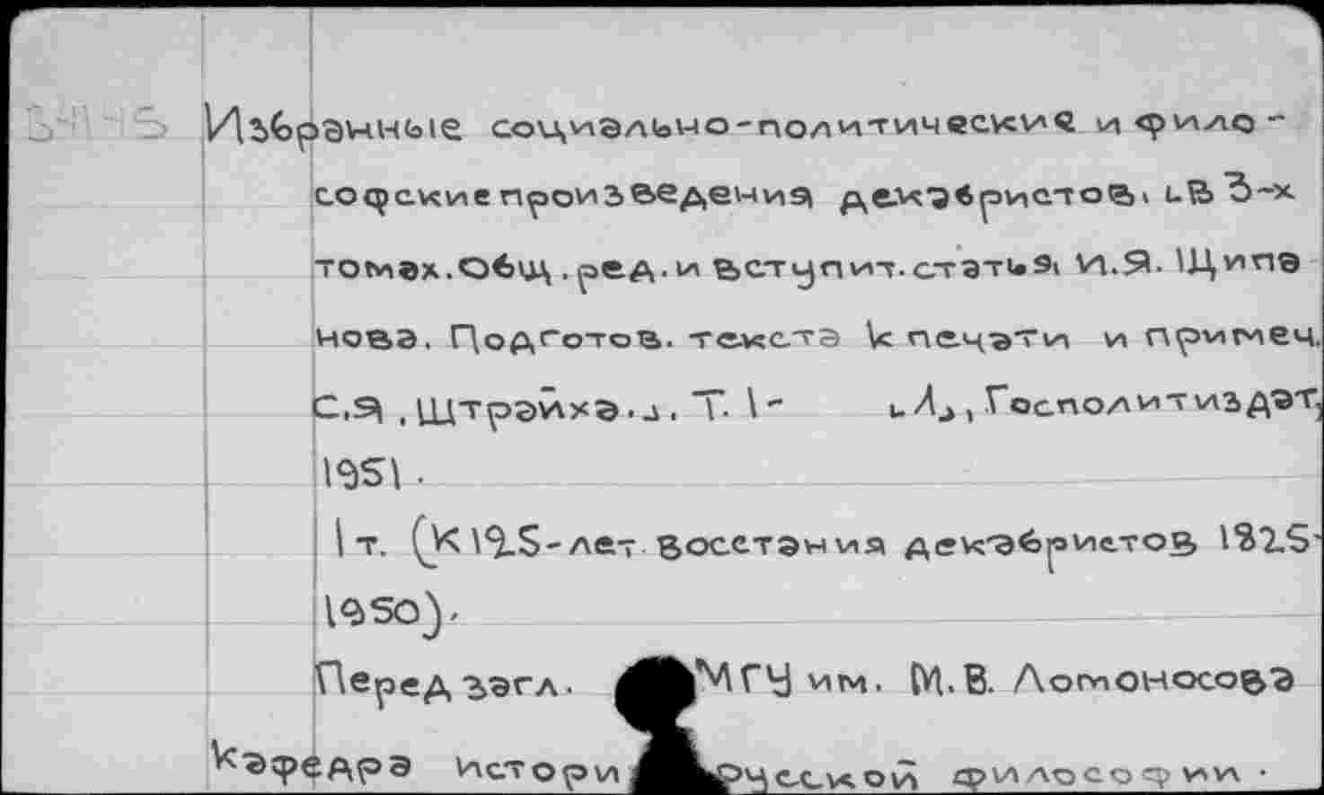 ﻿Игранные
С.ои1иал1оНО-ПОЛИТИЧеС.УСИ'в И ^ИЛС -
сосрские произведение»
томах.об^ц .ред.и вступит.ctstuSi и.Я- Щипа
нова. Г\одпотов. текста \с печати и прммеч.
С,si , щтрай><а.а. ЬьЛ^, Госполитиздат,
I9S1 ■
I т. ^S-лет восстания декабристов IÎ2.S-—-казоу	-------------------
Перед заел. М^АГУ им. (YI.E. Лотоносовэ
^ауедрэ Ист о р и	ccv^ о Й оил^со^ии •